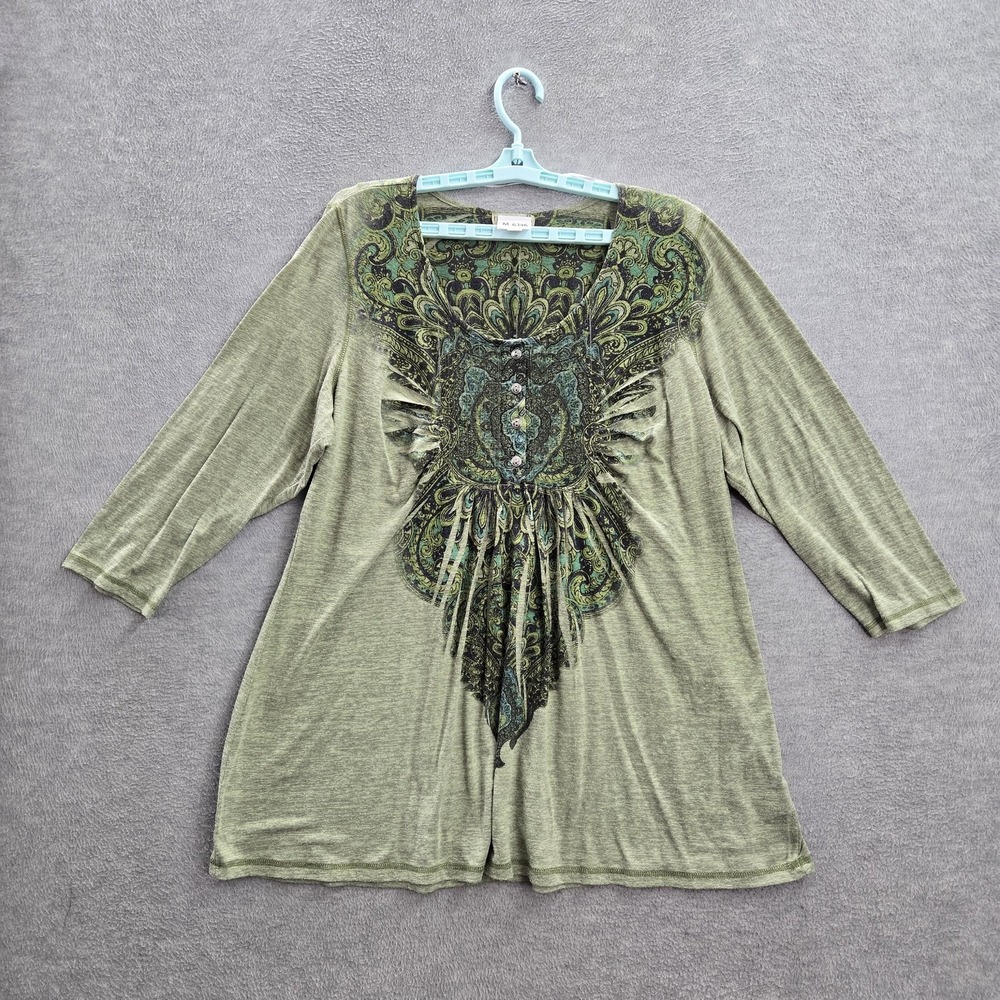 Live And Let Women Shirt 2X Green Paisley Floral Henley Ruched Long Sleeve